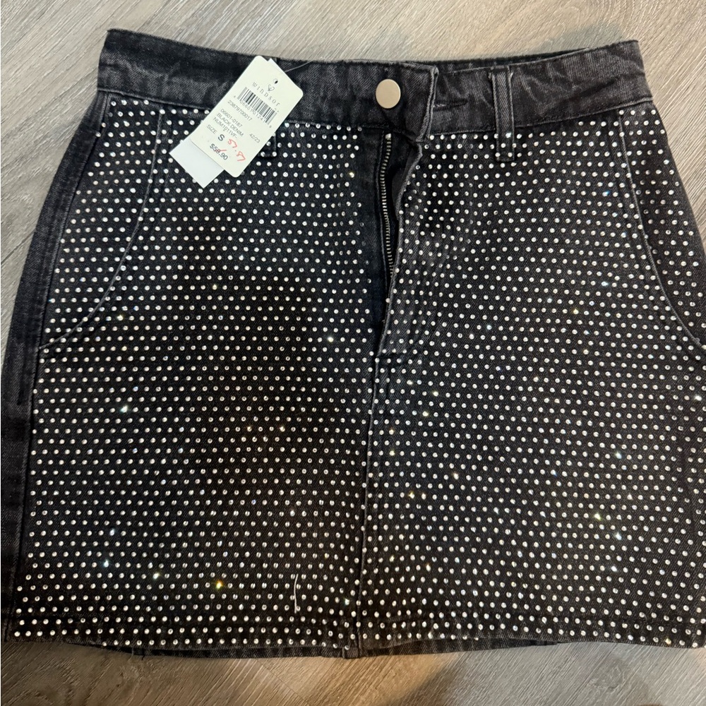 Black Denim Rhinestone Skirt